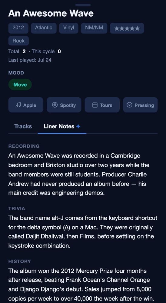 An album page on a phone showing play counts, a mood tag, and liner notes on the recording, trivia, and history.