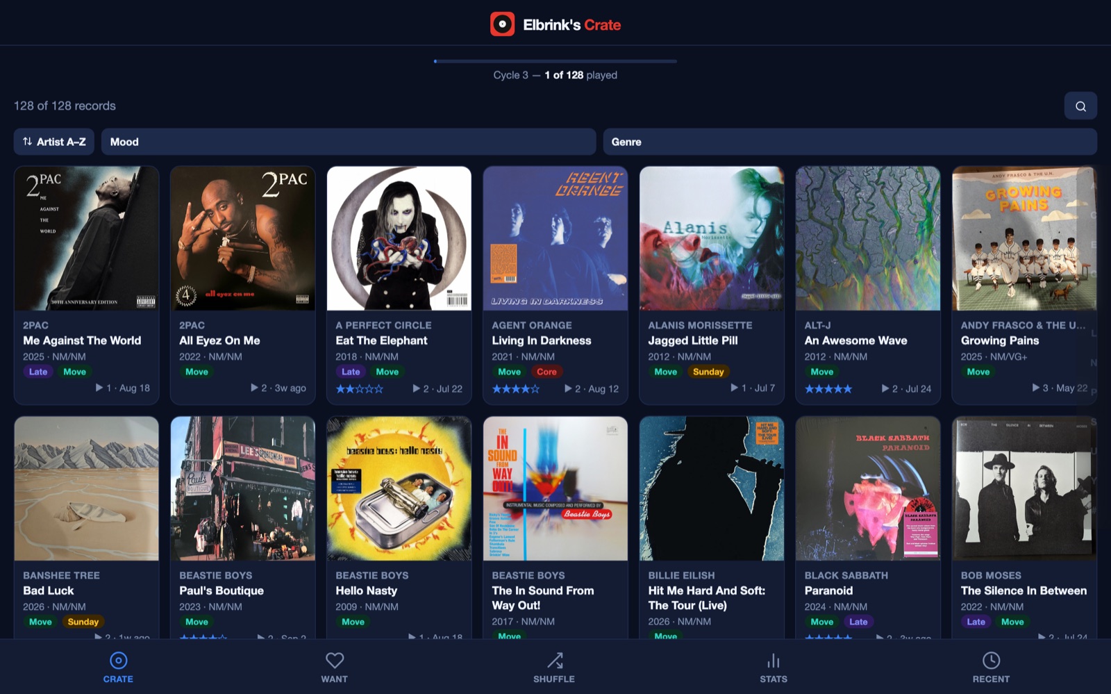 My public crate page: a grid of album covers with mood tags, play counts, and a cycle progress bar.