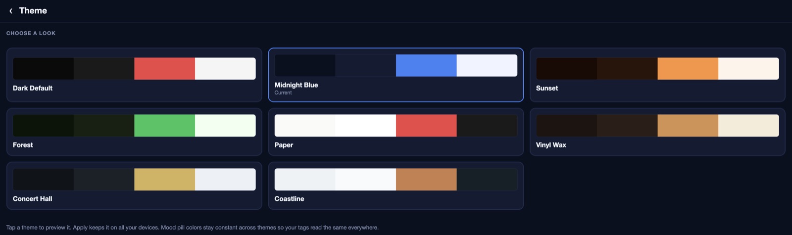 The theme picker showing eight color themes, with Midnight Blue selected.