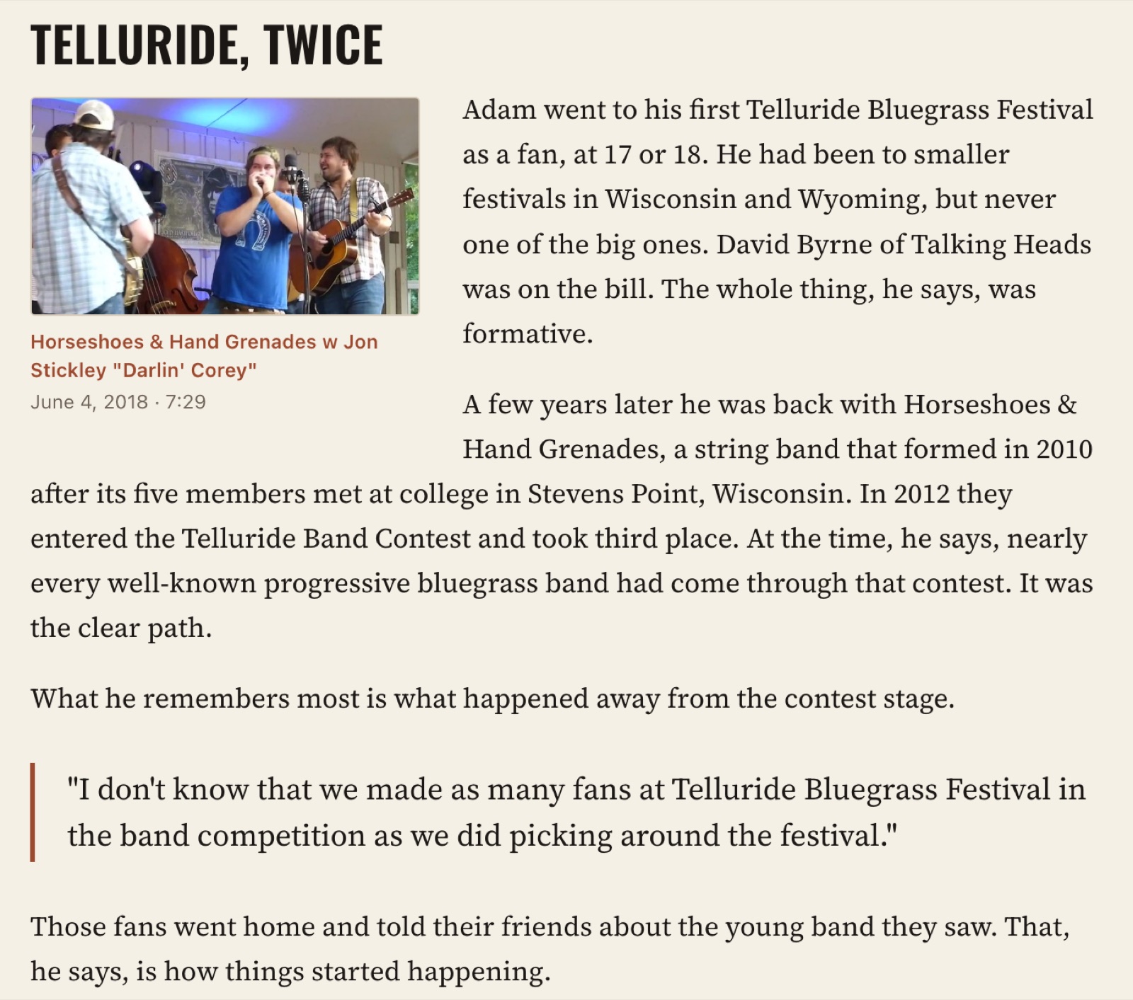 A section of a guest page with a story heading, a still from a live video, and a pull quote.