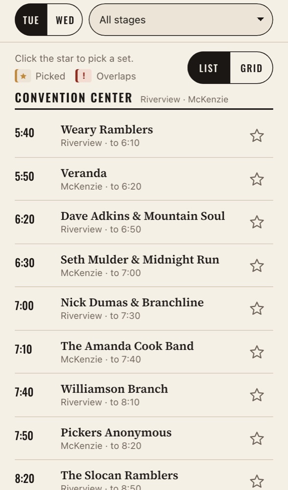 The festival planner on a phone, listing sets by time with a star to pick each one.
