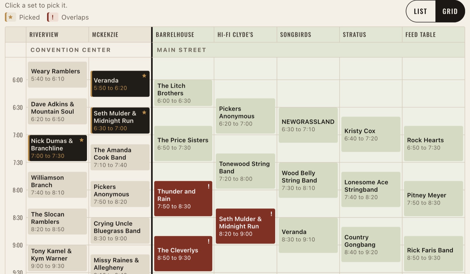 The festival planner grid with three sets picked and three overlapping sets flagged in red.