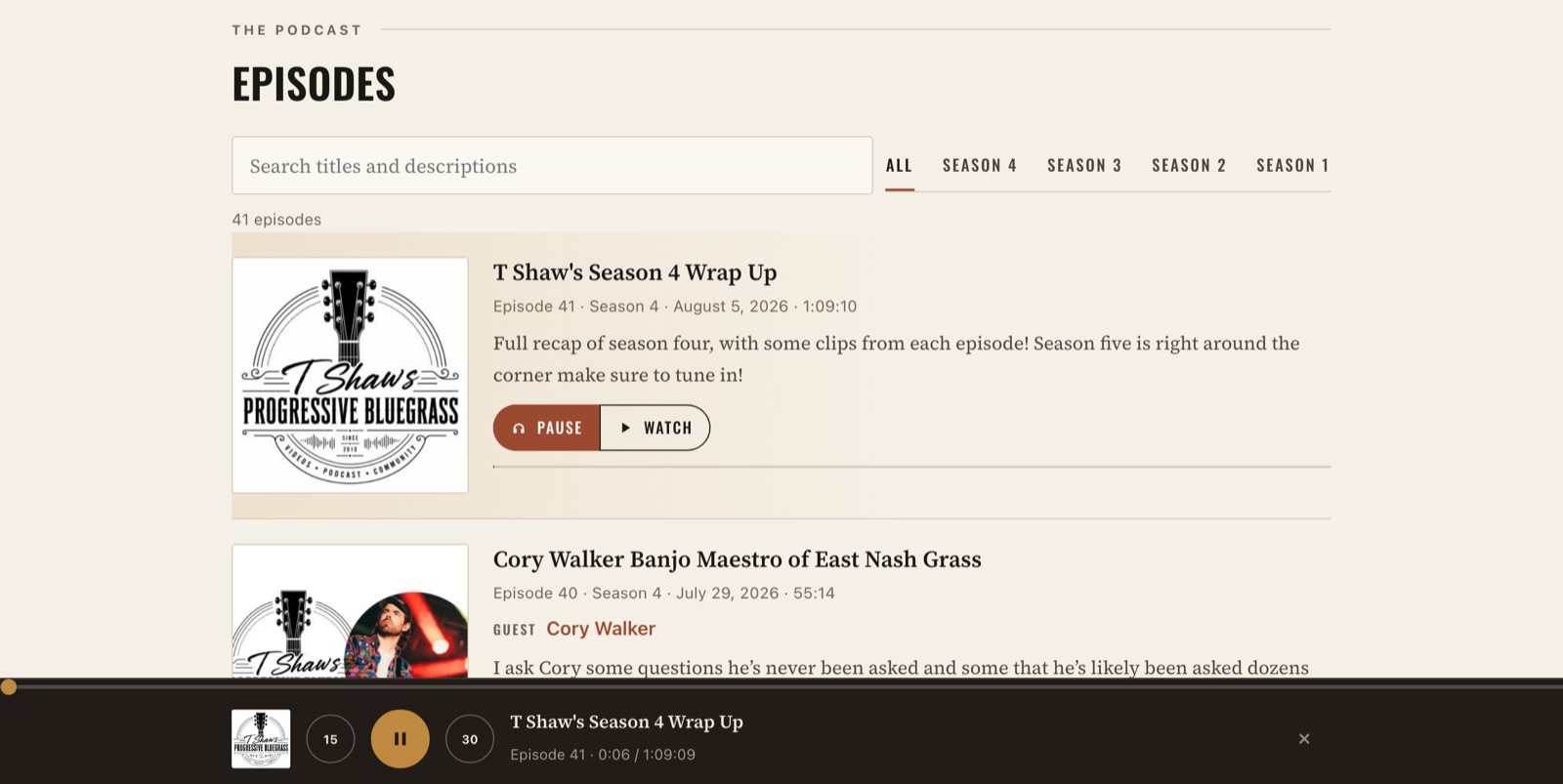 The episodes page with an episode playing and the audio player docked at the bottom of the screen.